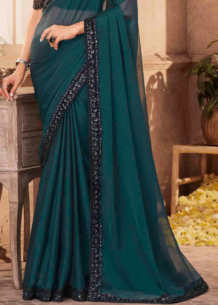 Prussian Blue Designer Embroidered Satin Silk Saree with Sequence work | Stitched Blouse - qivii