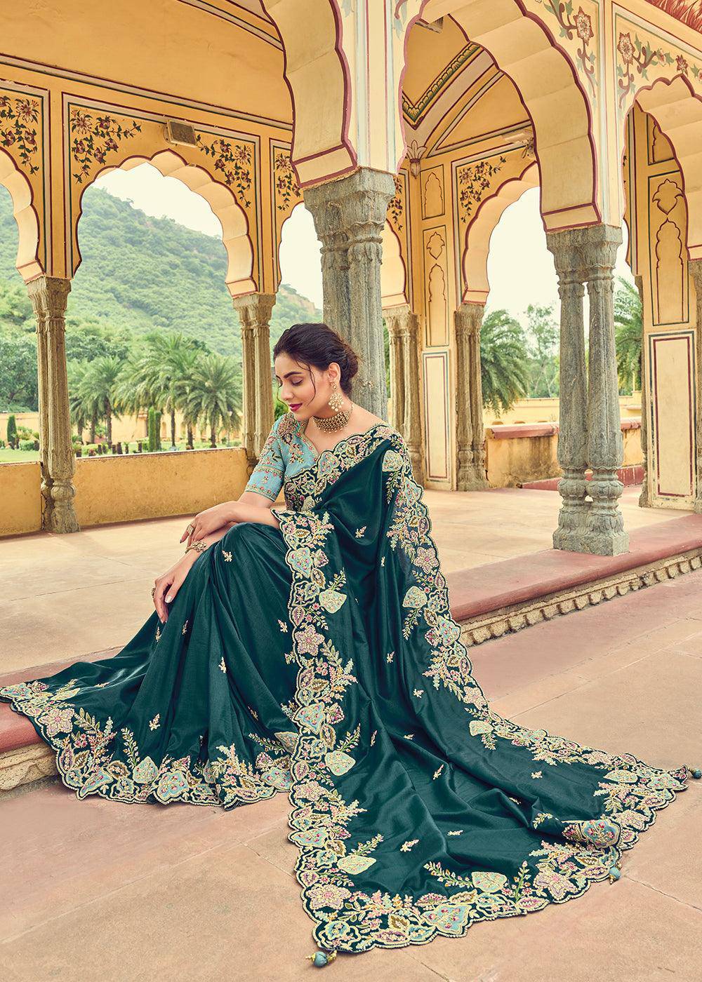 Prussian Blue Designer Organza Saree with Intricate Embroidery work | Stitched Blouse - qivii