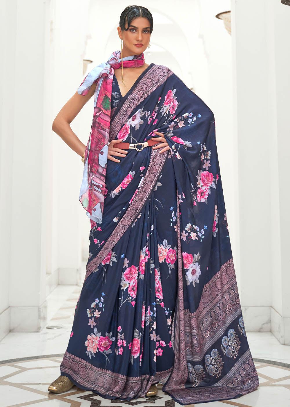 Prussian Blue Digital Floral Printed Crepe Silk Saree | Stitched Blouse - qivii