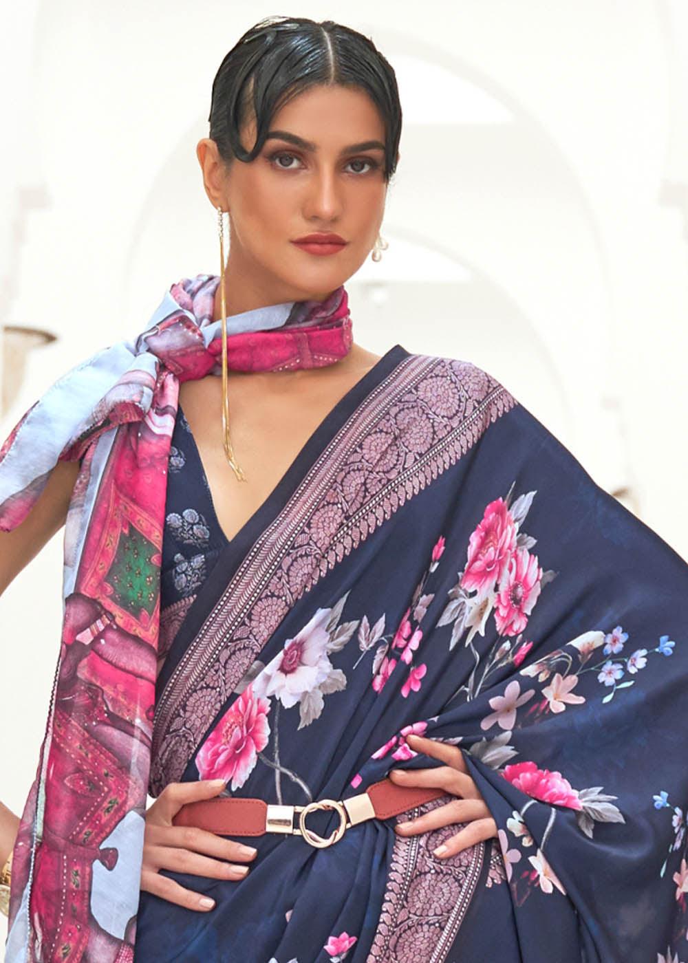 Prussian Blue Digital Floral Printed Crepe Silk Saree | Stitched Blouse - qivii