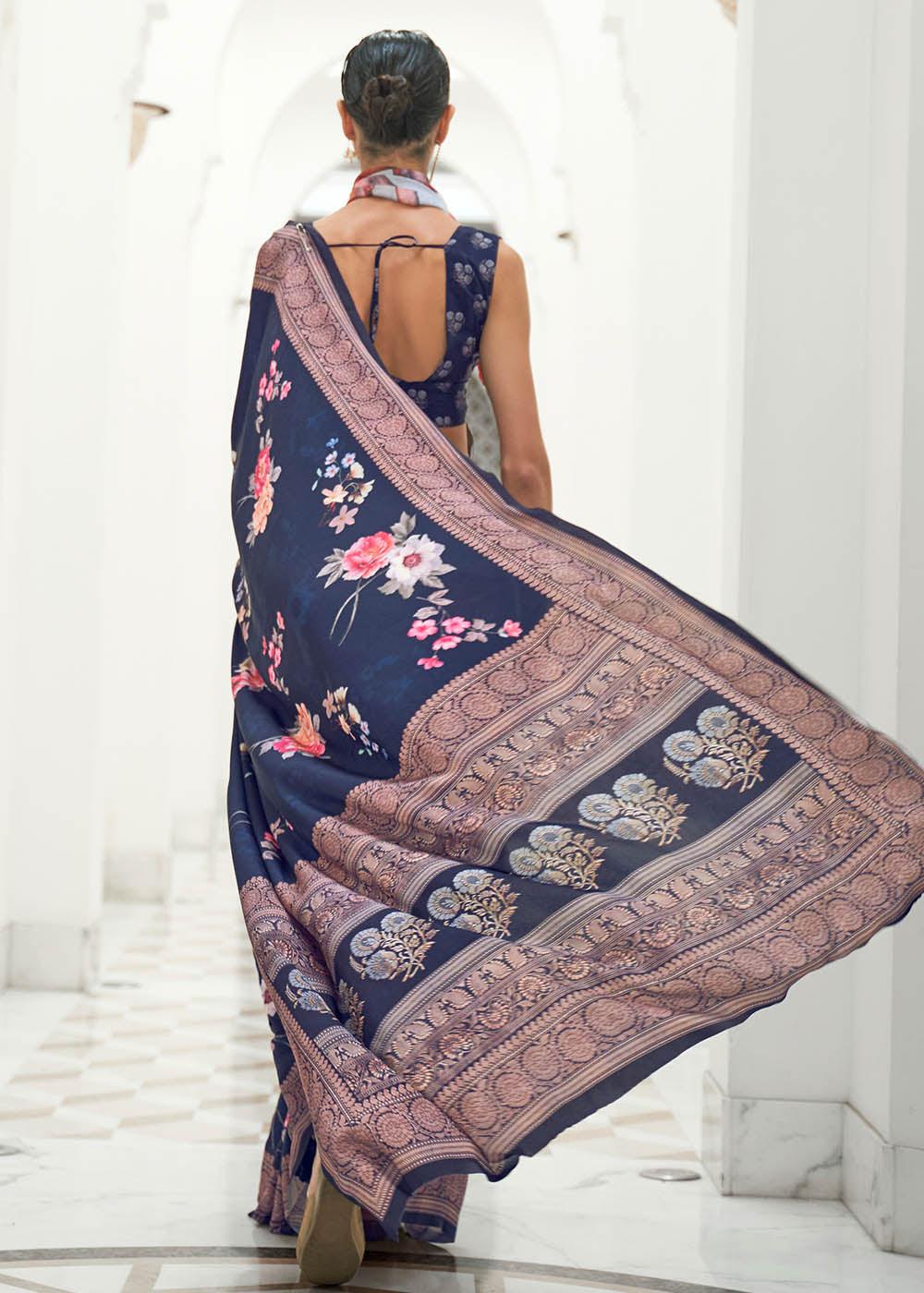 Prussian Blue Digital Floral Printed Crepe Silk Saree | Stitched Blouse - qivii