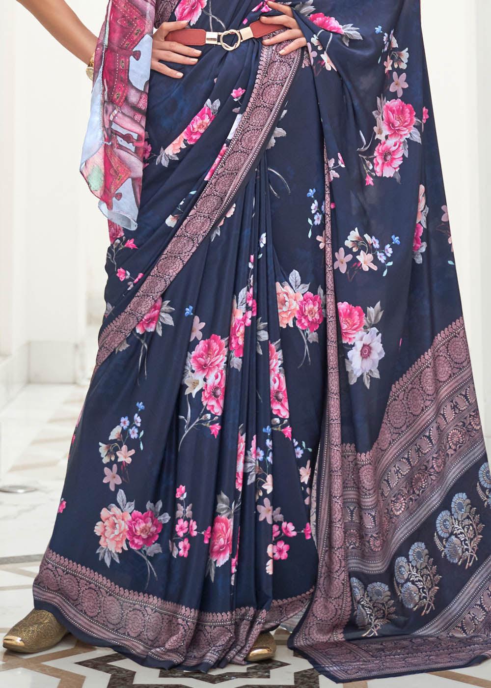 Prussian Blue Digital Floral Printed Crepe Silk Saree | Stitched Blouse - qivii