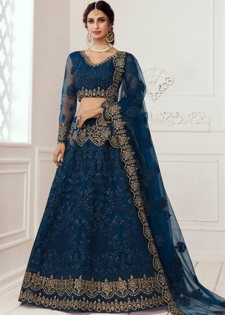 Prussian Blue Soft Net Lehenga Choli with Cording, Stonework, Thread & Zari Embroidery - qivii