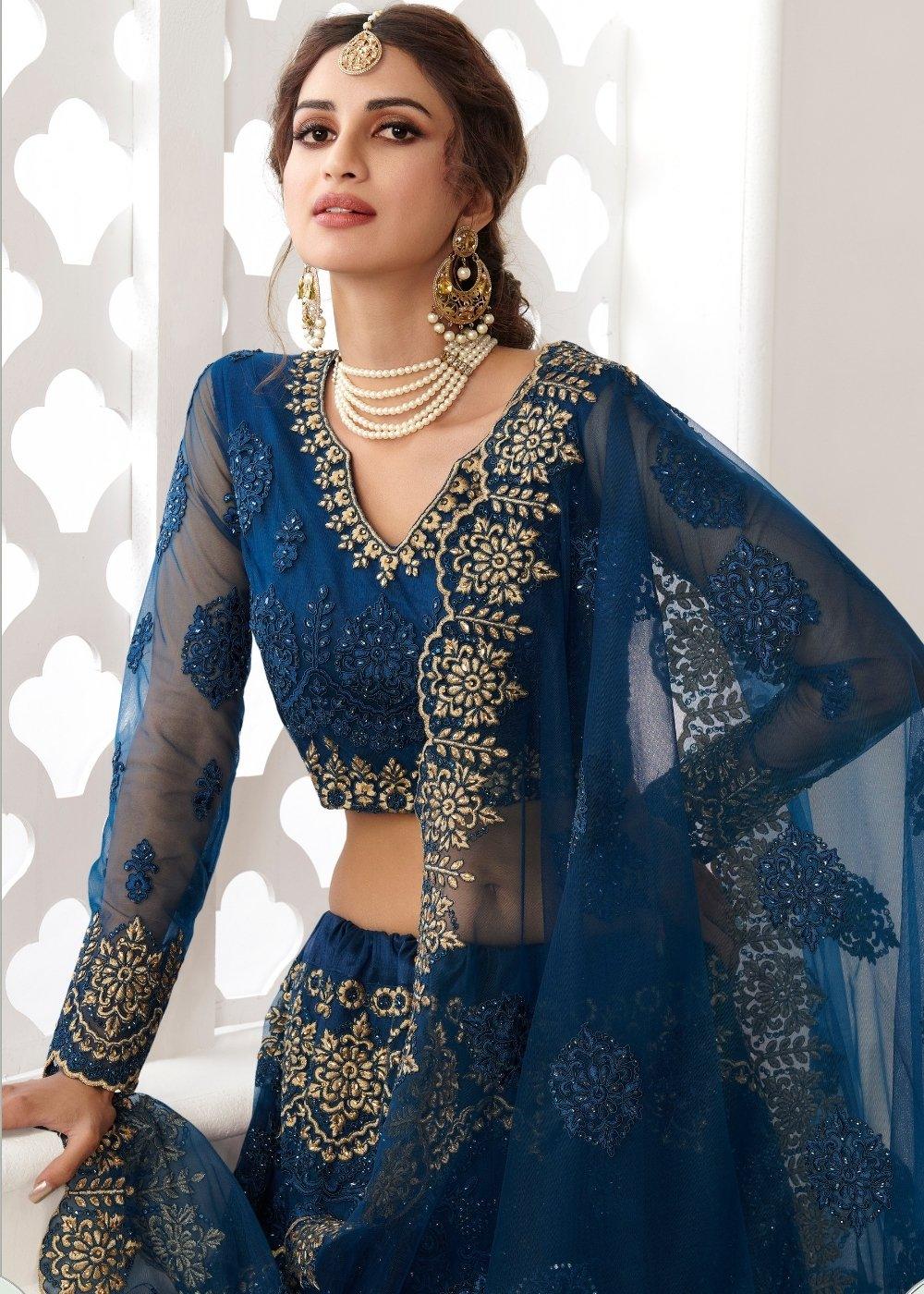 Prussian Blue Soft Net Lehenga Choli with Cording, Stonework, Thread & Zari Embroidery - qivii