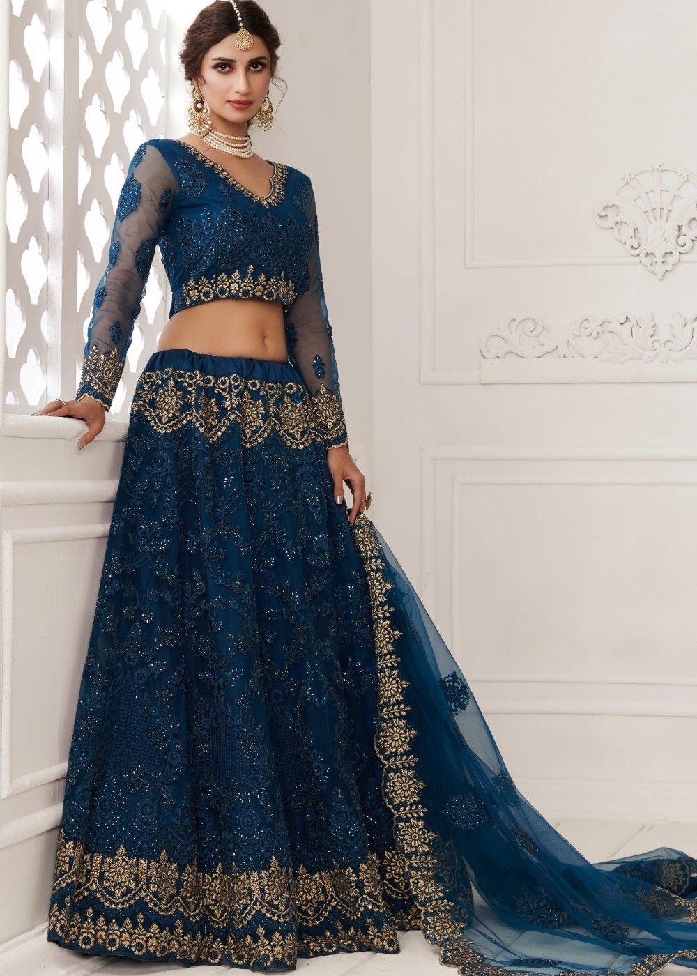 Prussian Blue Soft Net Lehenga Choli with Cording, Stonework, Thread & Zari Embroidery - qivii