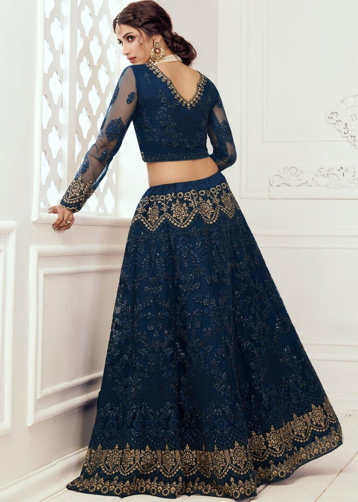 Prussian Blue Soft Net Lehenga Choli with Cording, Stonework, Thread & Zari Embroidery - qivii