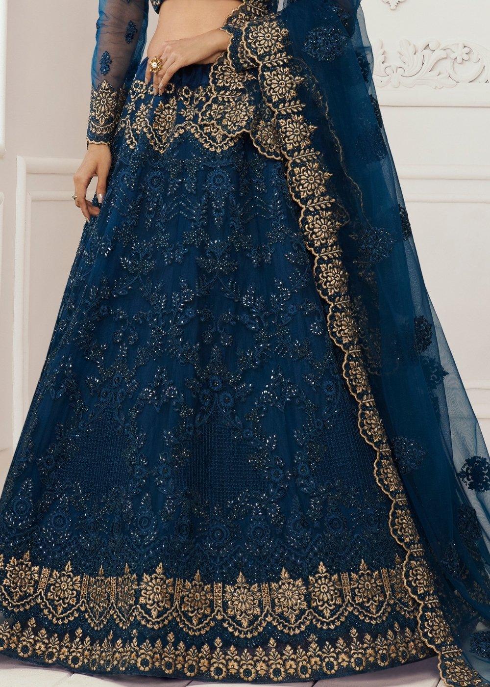 Prussian Blue Soft Net Lehenga Choli with Cording, Stonework, Thread & Zari Embroidery - qivii