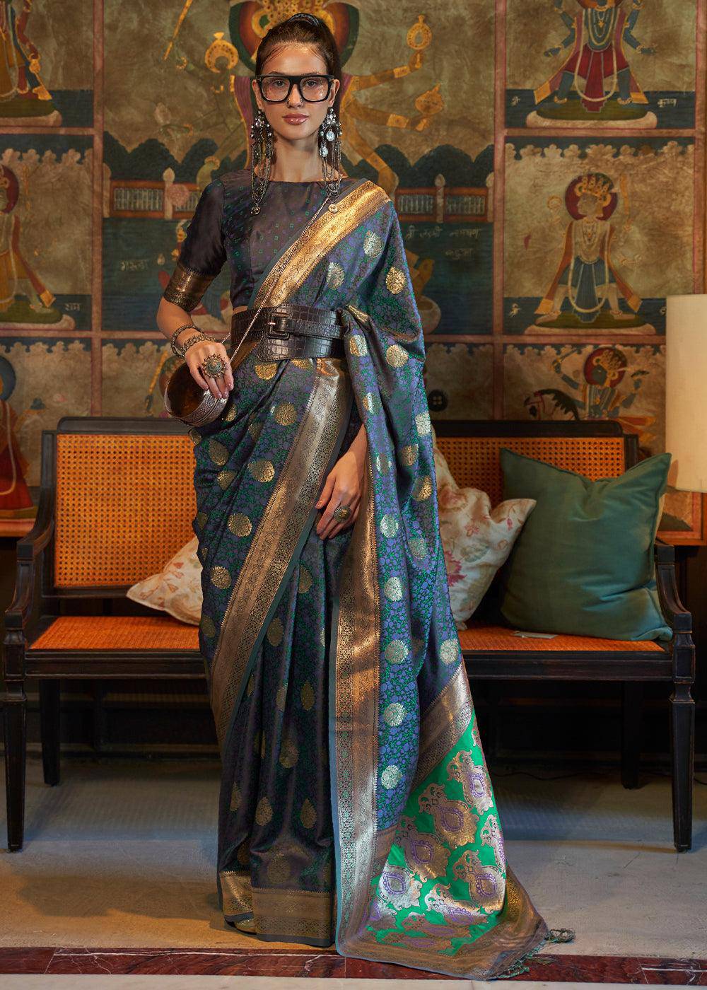 Prussian Blue Tanchoi Handloom Woven Satin Silk Saree | Stitched Blouse - qivii