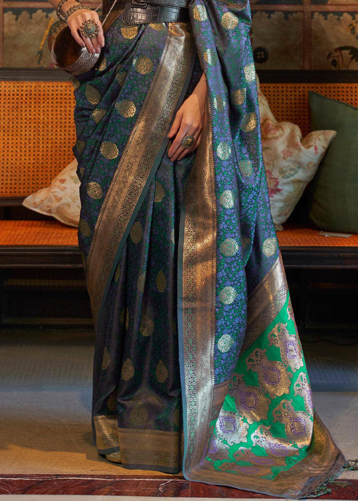 Prussian Blue Tanchoi Handloom Woven Satin Silk Saree | Stitched Blouse - qivii