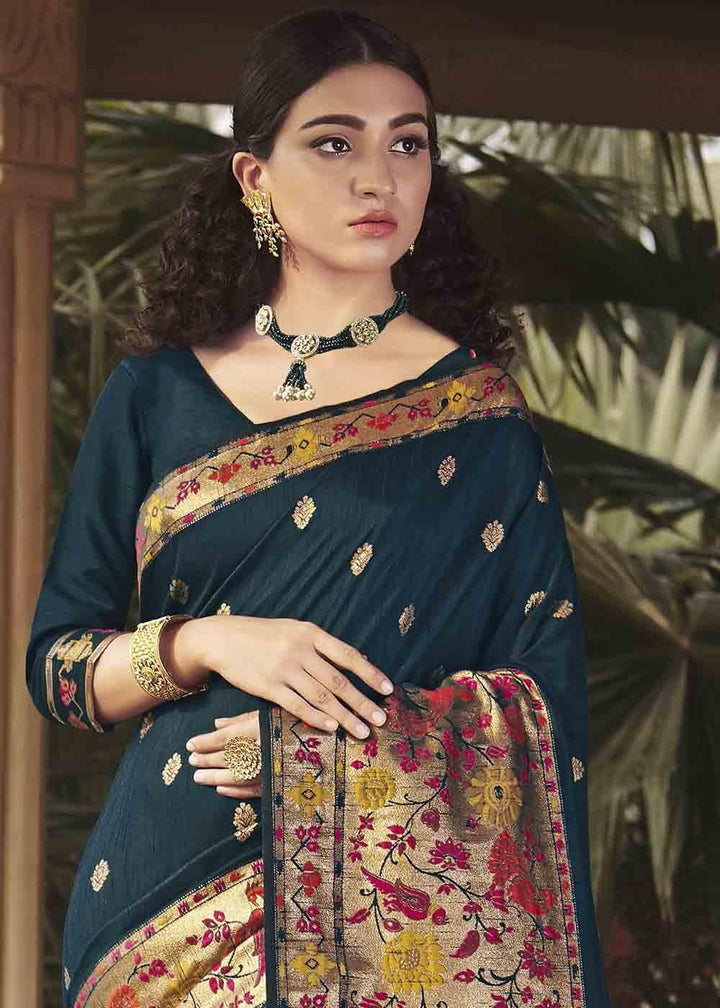 Prussian Blue Woven Paithani Banarasi Silk Saree | Stitched Blouse - qivii