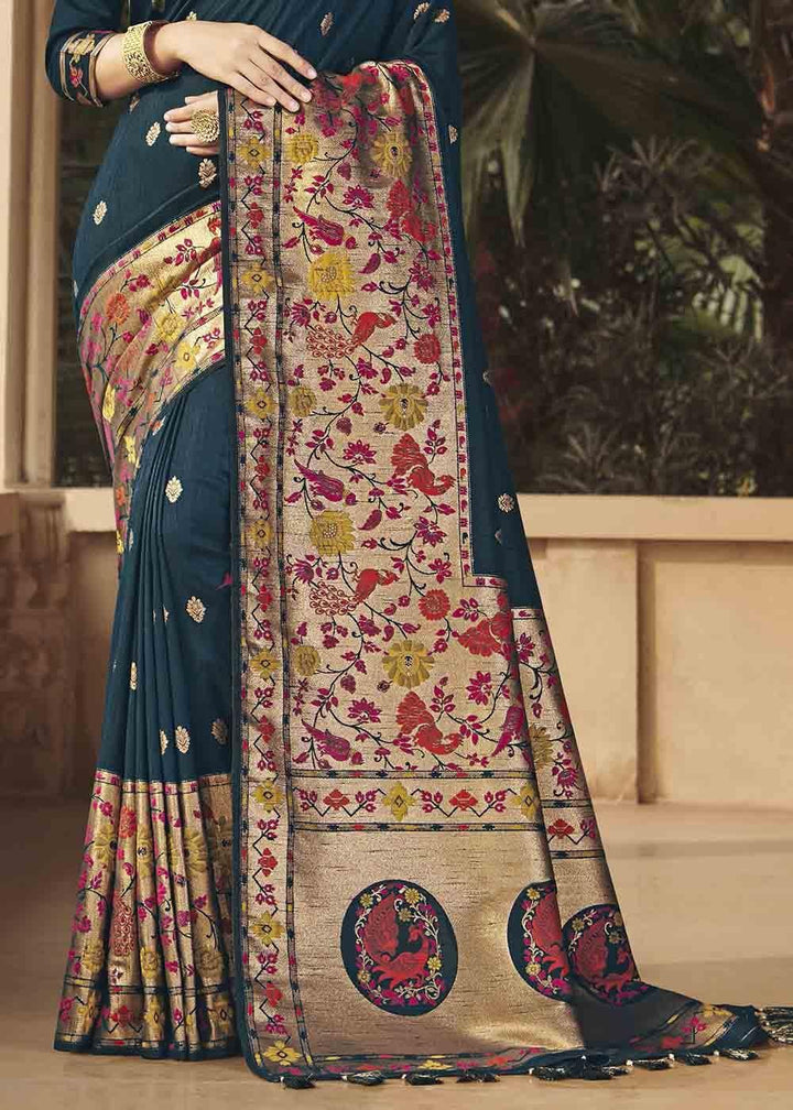 Prussian Blue Woven Paithani Banarasi Silk Saree | Stitched Blouse - qivii