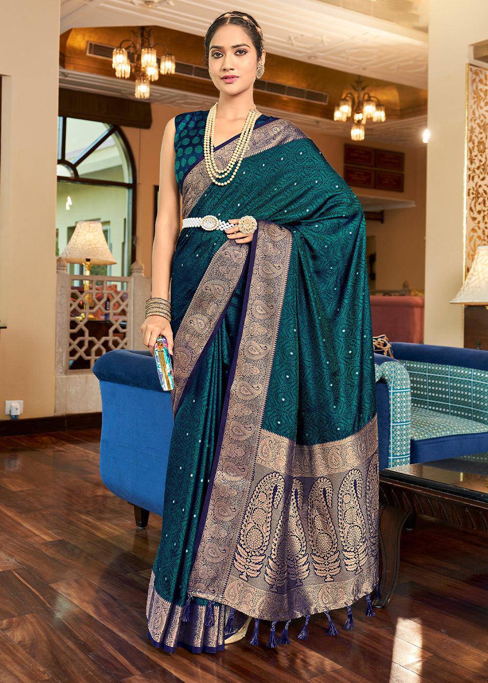 Prussian Blue Woven Two Tone Soft Silk Saree | Stitched Blouse - qivii