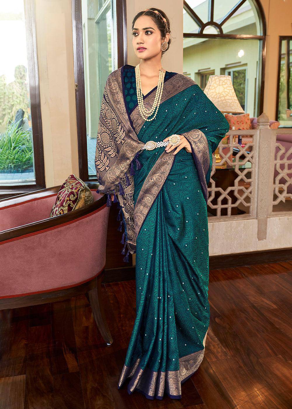 Prussian Blue Woven Two Tone Soft Silk Saree | Stitched Blouse - qivii