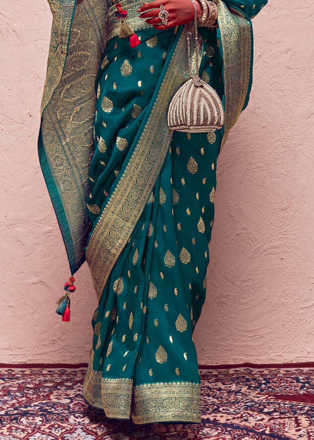 Prussian Blue Zari Woven Dola Silk Saree With Zari Woven Blouse | Stitched Blouse - qivii