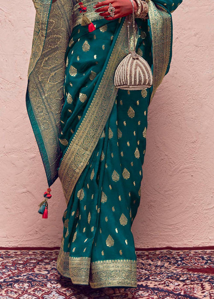 Prussian Blue Zari Woven Dola Silk Saree With Zari Woven Blouse | Stitched Blouse - qivii