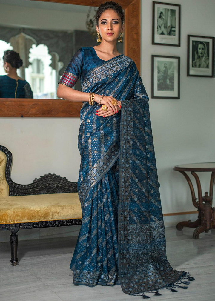 Prussian Blue Zari Woven Tussar Silk Saree with Tassels on Pallu | Stitched Blouse - qivii