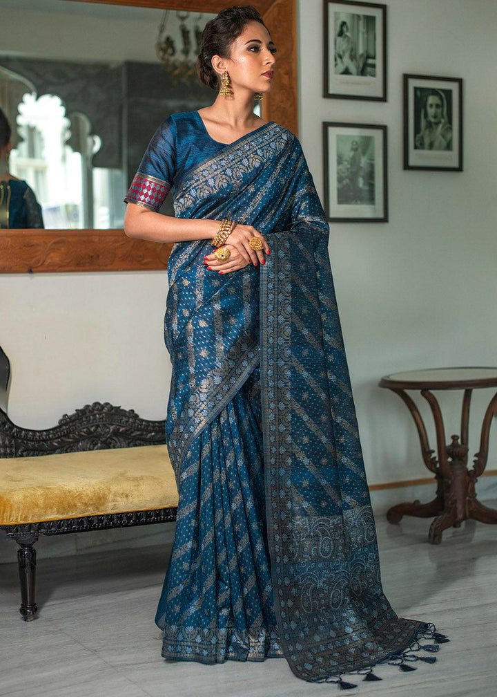 Prussian Blue Zari Woven Tussar Silk Saree with Tassels on Pallu | Stitched Blouse - qivii