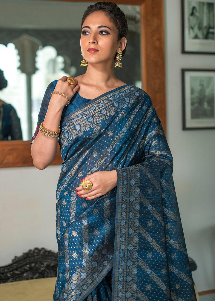 Prussian Blue Zari Woven Tussar Silk Saree with Tassels on Pallu | Stitched Blouse - qivii