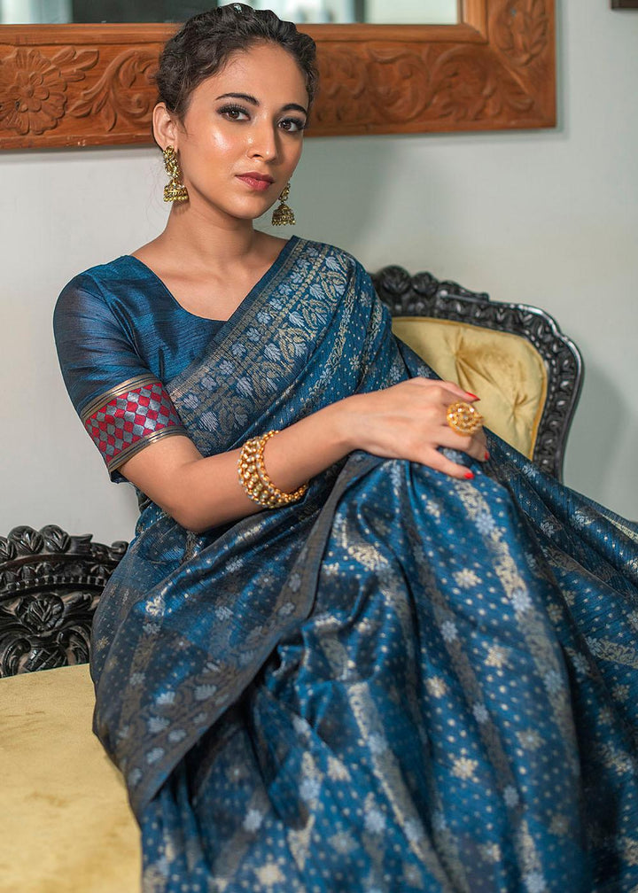 Prussian Blue Zari Woven Tussar Silk Saree with Tassels on Pallu | Stitched Blouse - qivii