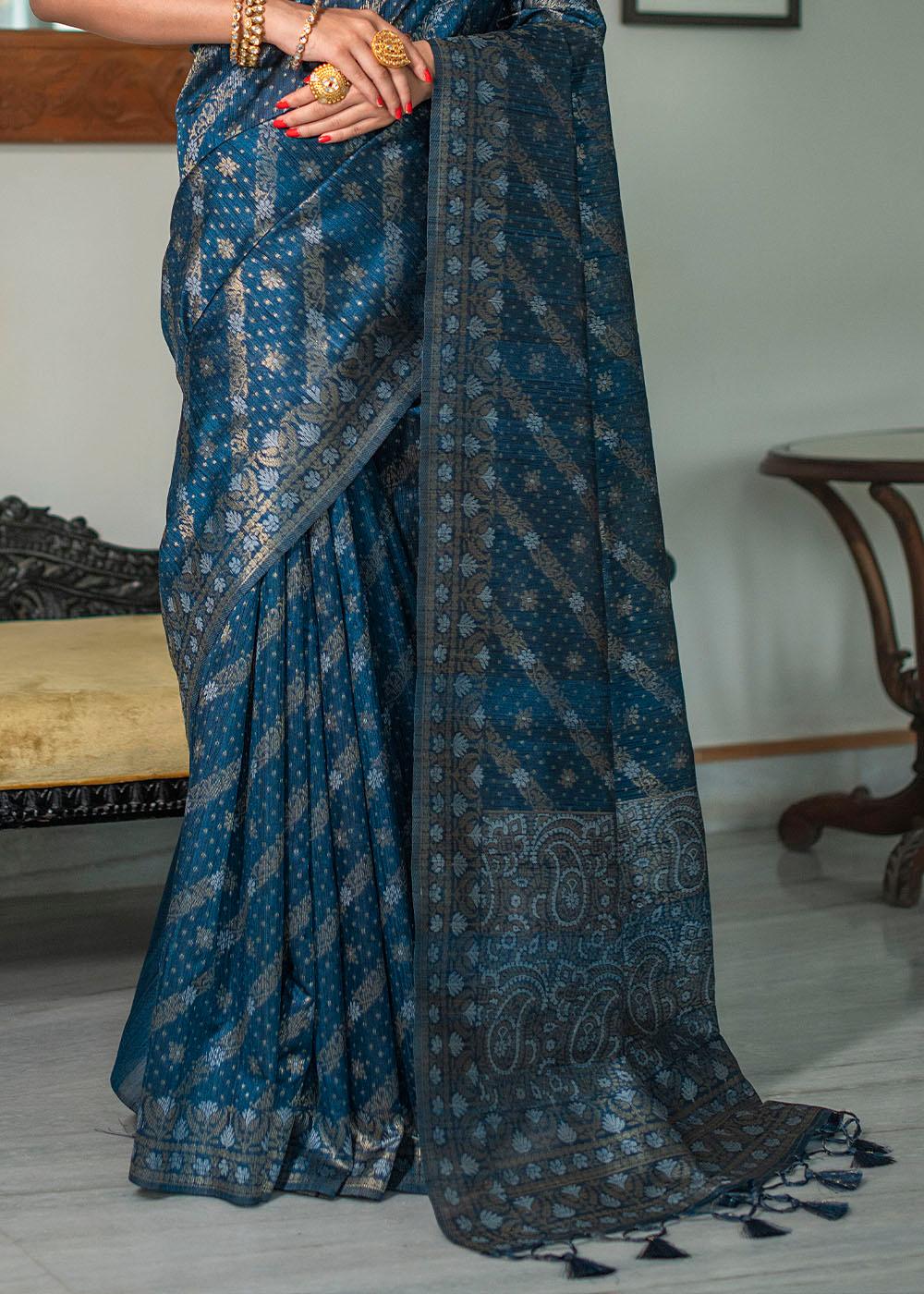 Prussian Blue Zari Woven Tussar Silk Saree with Tassels on Pallu | Stitched Blouse - qivii