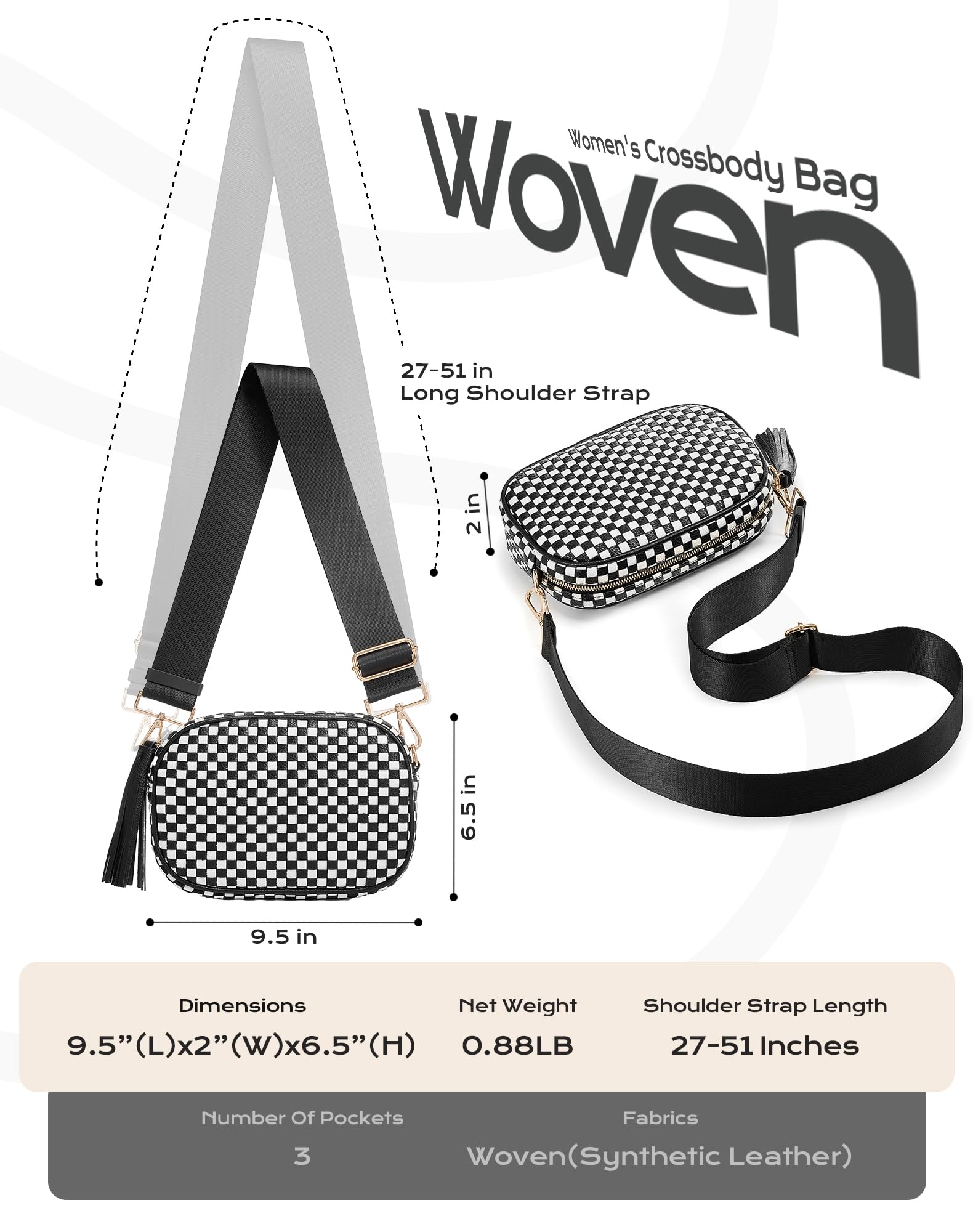 Ounamei PU Leather Woven Crossbody Bag | Checkered Shoulder & Belt Bag for Women