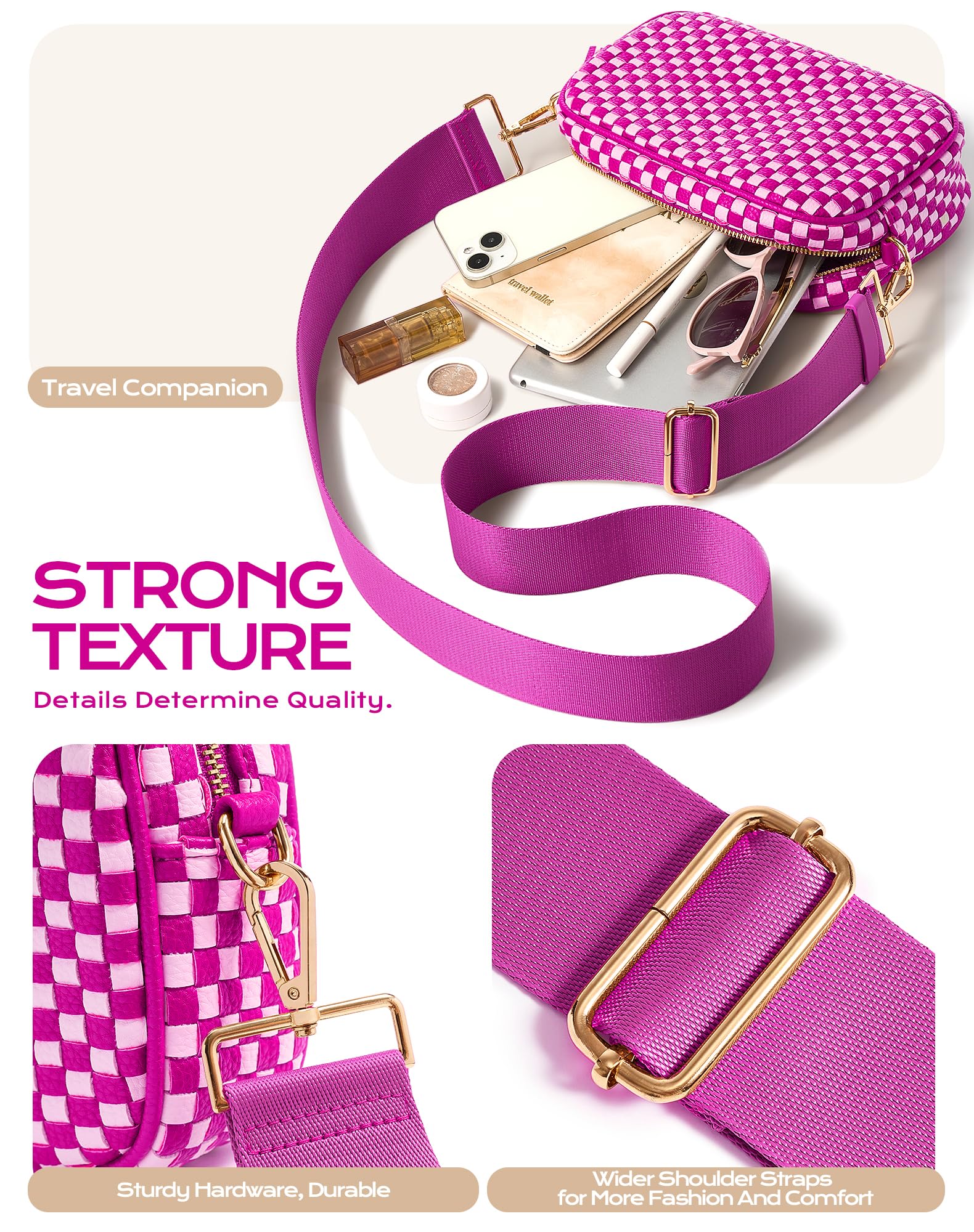 Ounamei PU Leather Woven Crossbody Bag | Checkered Shoulder & Belt Bag for Women