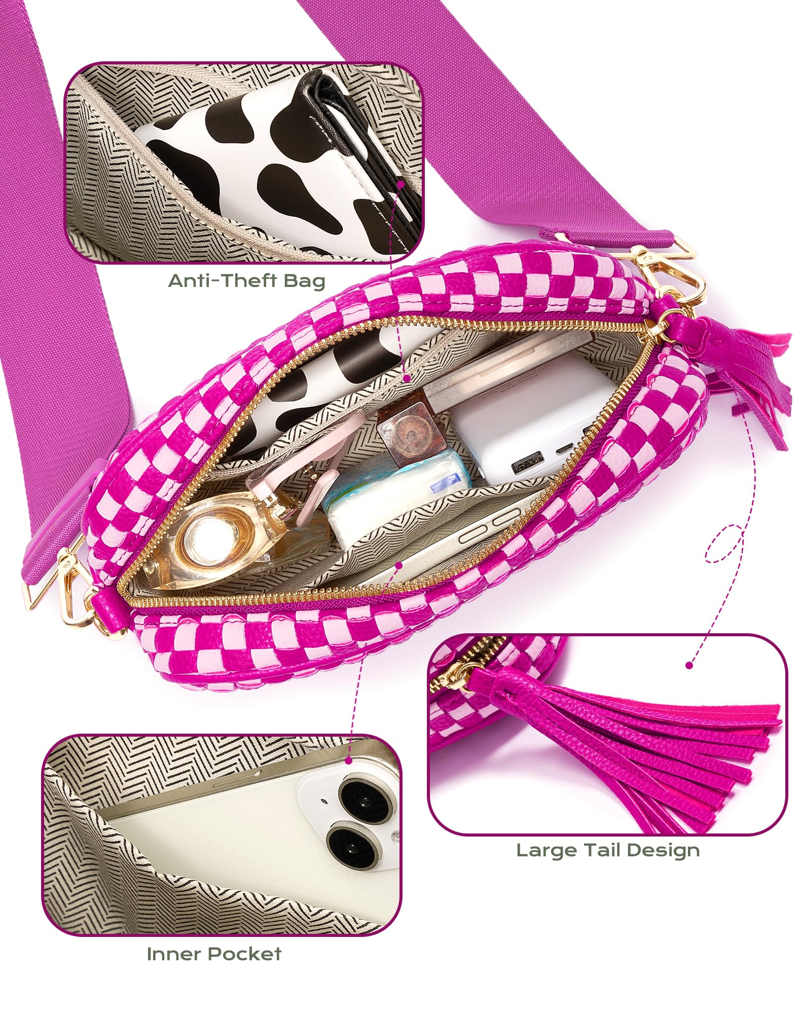 Ounamei PU Leather Woven Crossbody Bag | Checkered Shoulder & Belt Bag for Women