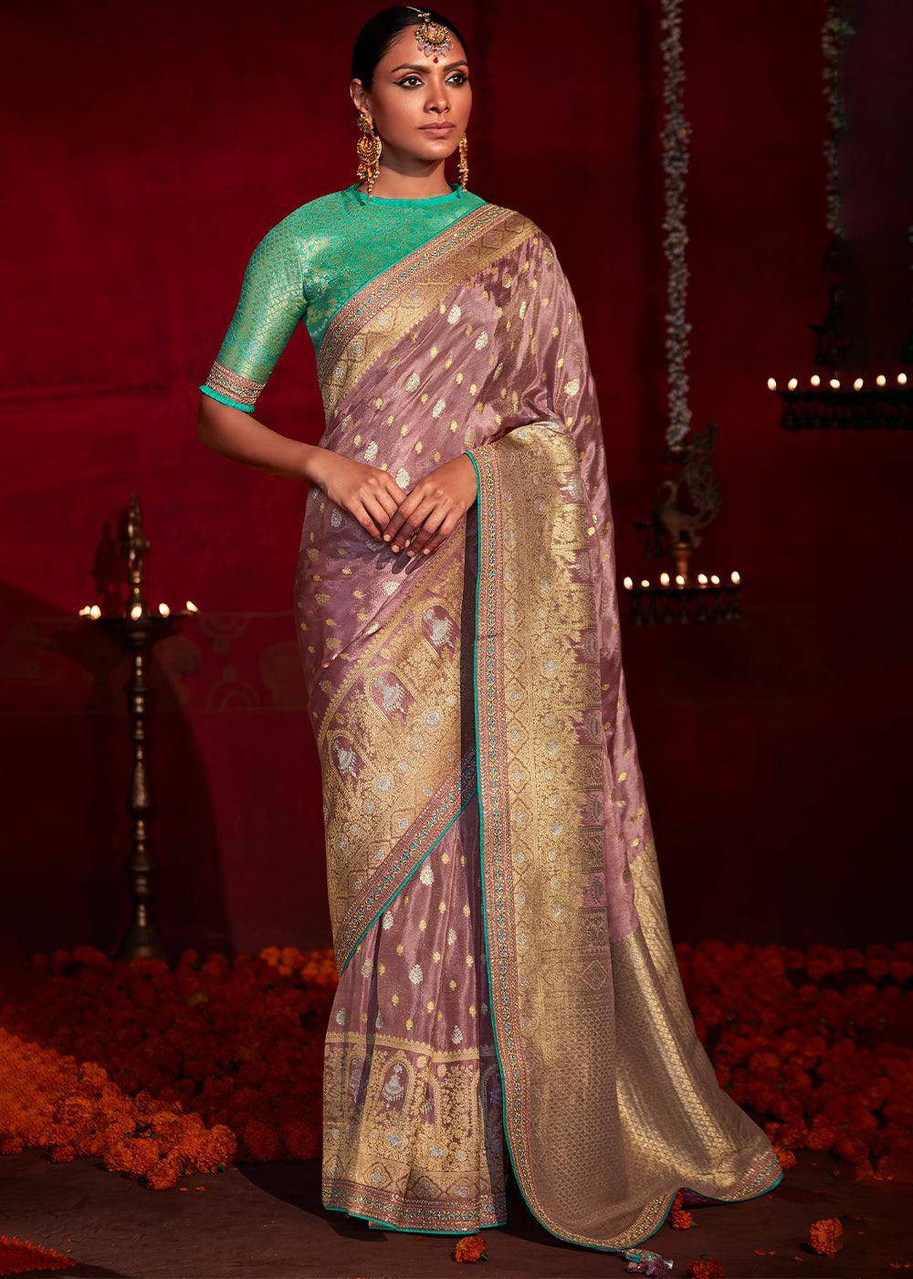 Puce Purple Zari Woven Khadi Silk Saree with Contrast Blouse | Stitched Blouse - qivii