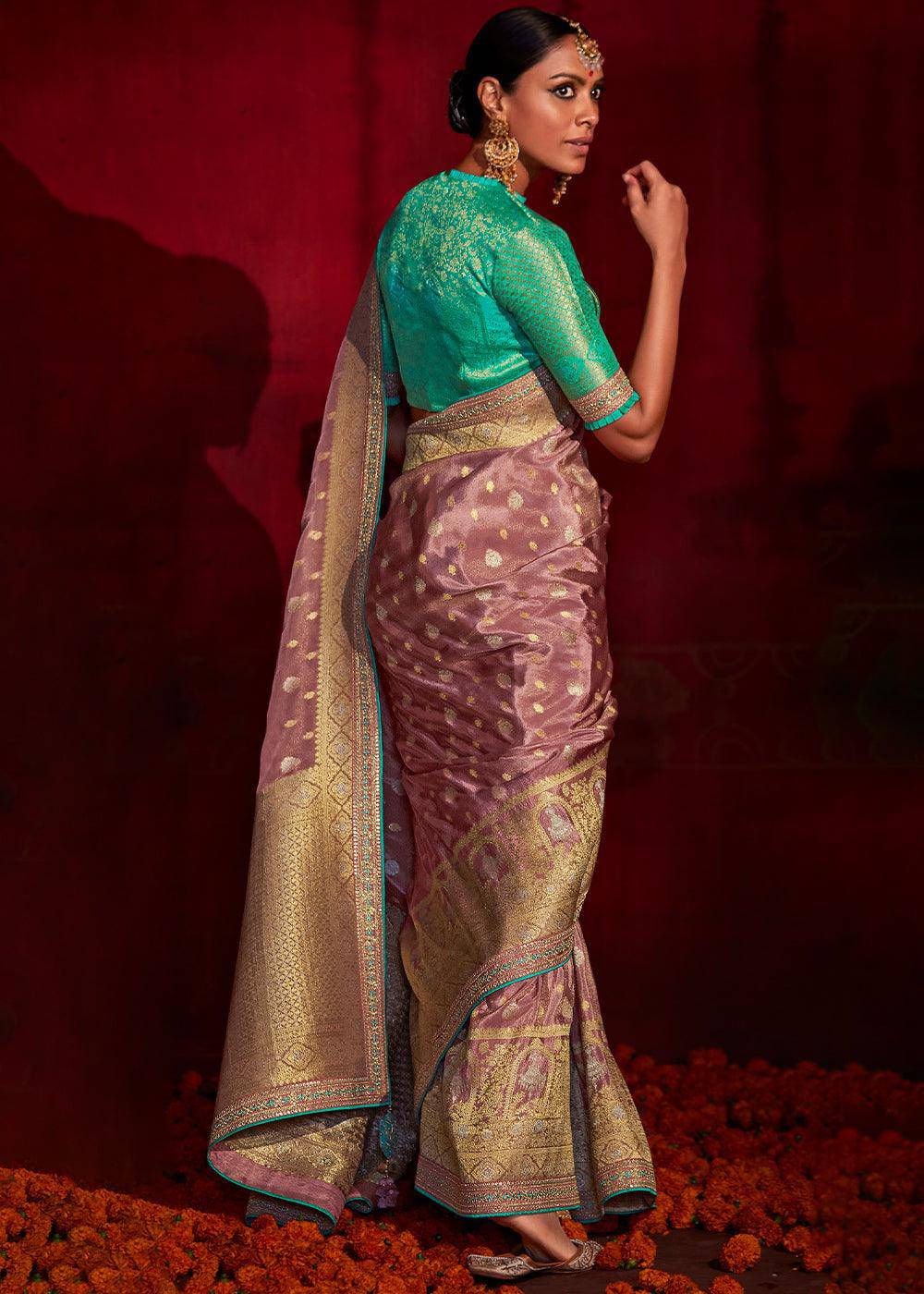 Puce Purple Zari Woven Khadi Silk Saree with Contrast Blouse | Stitched Blouse - qivii