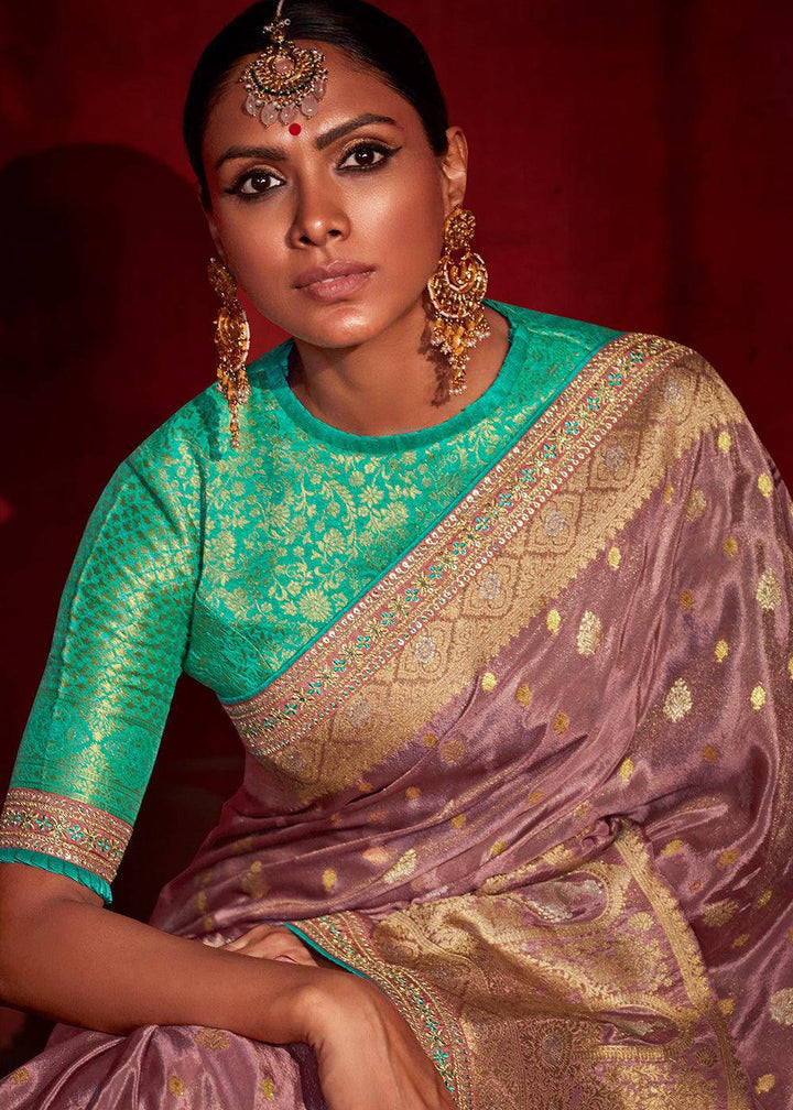 Puce Purple Zari Woven Khadi Silk Saree with Contrast Blouse | Stitched Blouse - qivii