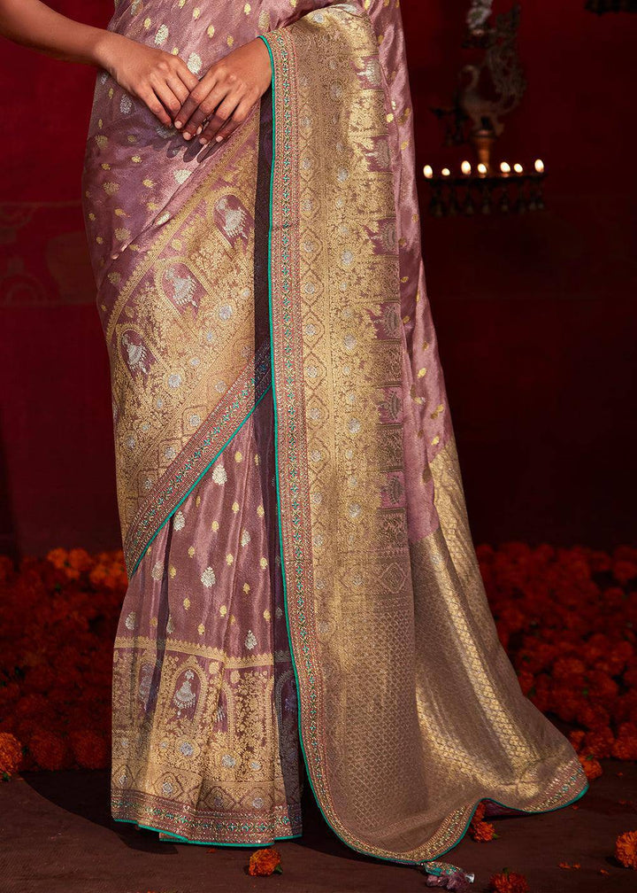 Puce Purple Zari Woven Khadi Silk Saree with Contrast Blouse | Stitched Blouse - qivii