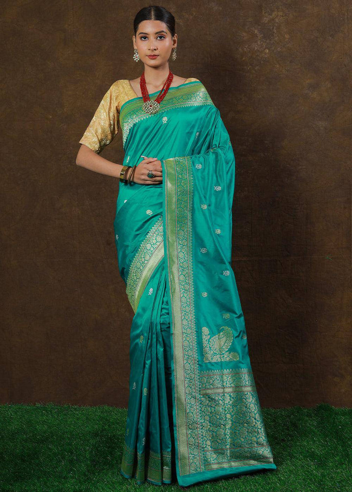 Puerto Rico Green Hand Woven Pure Katan Silk Saree | Stitched Blouse - qivii