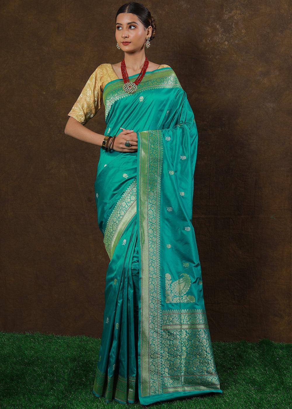 Puerto Rico Green Hand Woven Pure Katan Silk Saree | Stitched Blouse - qivii