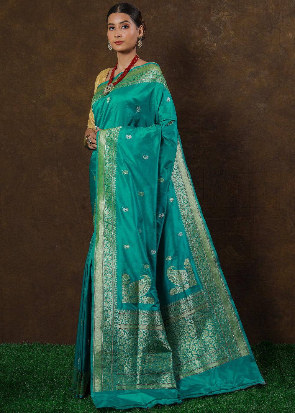 Puerto Rico Green Hand Woven Pure Katan Silk Saree | Stitched Blouse - qivii