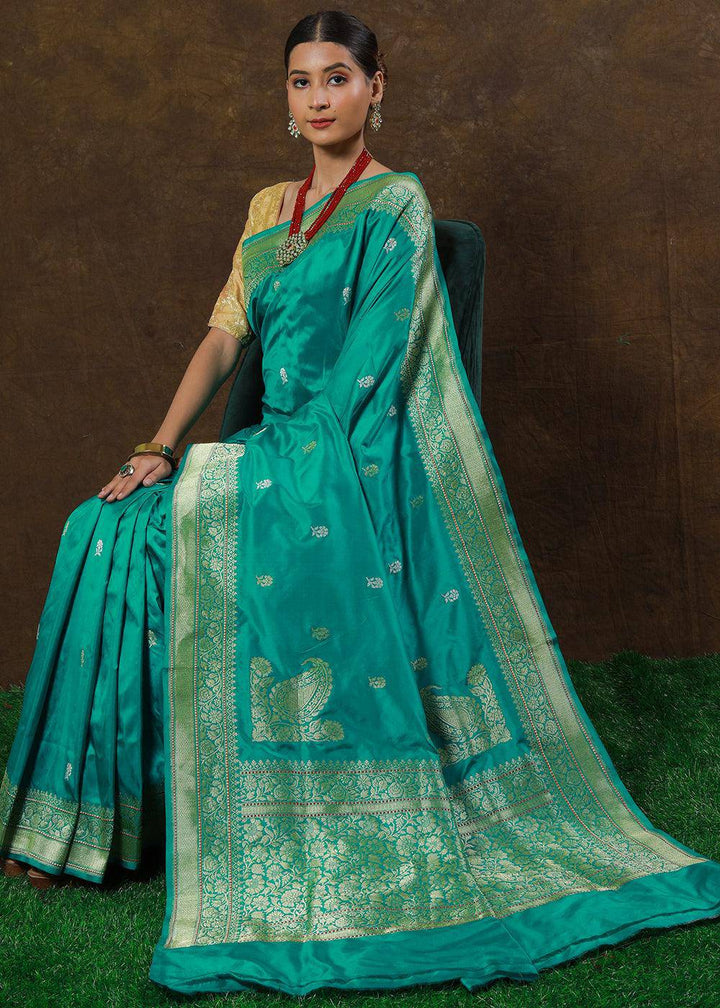 Puerto Rico Green Hand Woven Pure Katan Silk Saree | Stitched Blouse - qivii