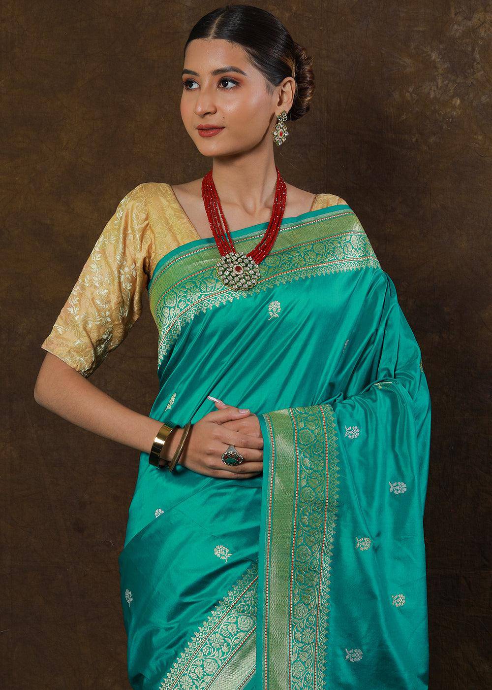 Puerto Rico Green Hand Woven Pure Katan Silk Saree | Stitched Blouse - qivii