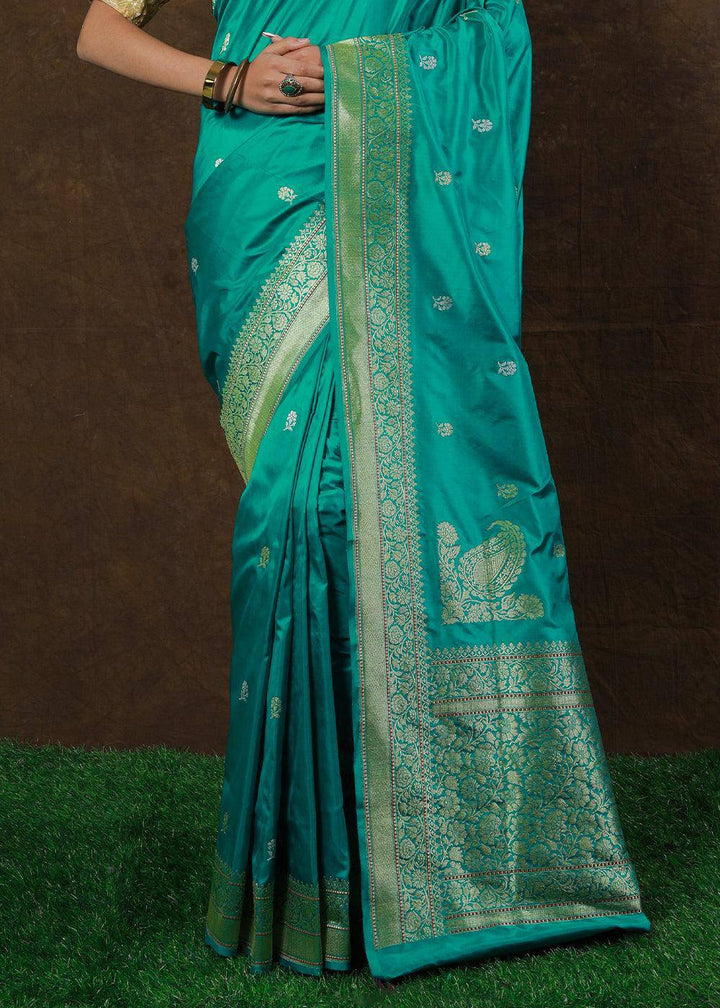 Puerto Rico Green Hand Woven Pure Katan Silk Saree | Stitched Blouse - qivii