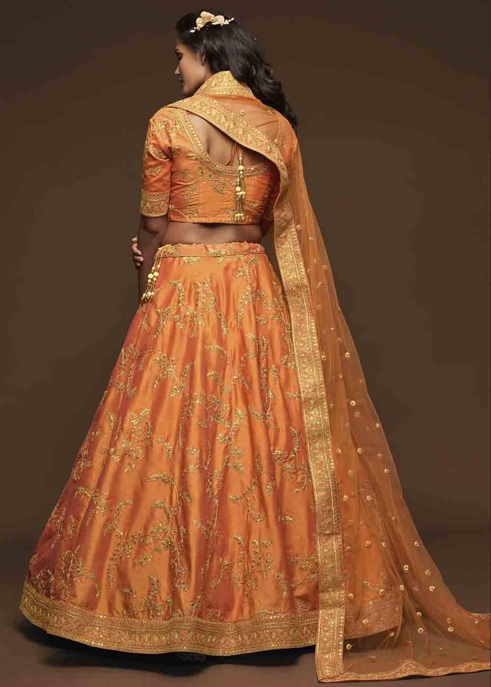 Pumpkin Orange Silk Lehenga Choli with Thread,Zari,Dori & Sequins work - qivii