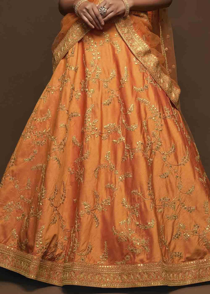 Pumpkin Orange Silk Lehenga Choli with Thread,Zari,Dori & Sequins work - qivii