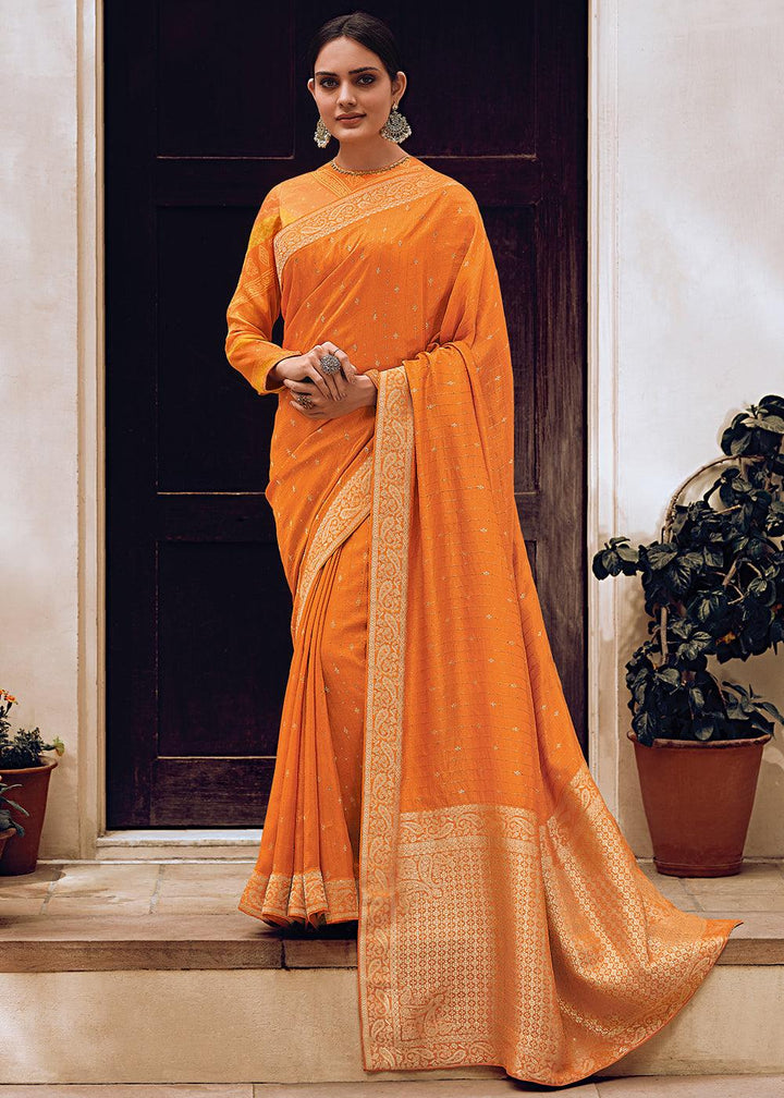 Pumpkin Orange Woven Viscose Leheriya Silk Saree - qivii