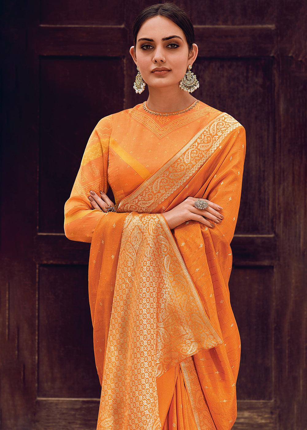 Pumpkin Orange Woven Viscose Leheriya Silk Saree - qivii