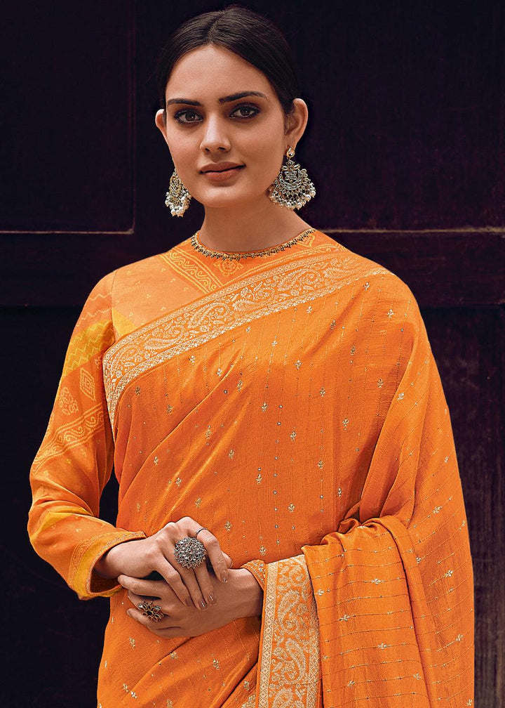 Pumpkin Orange Woven Viscose Leheriya Silk Saree - qivii