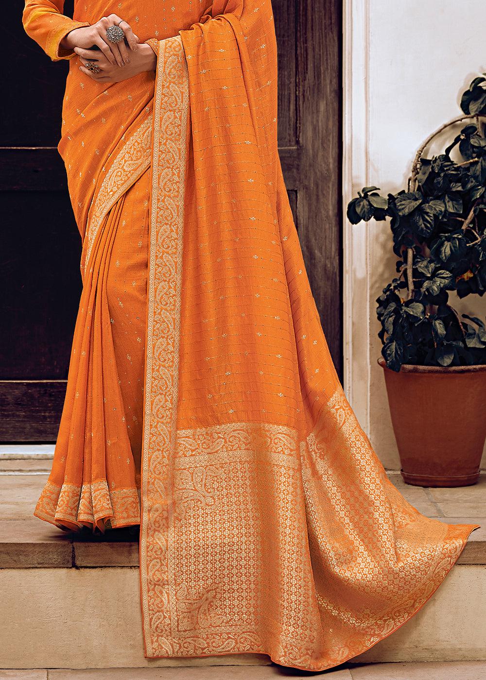 Pumpkin Orange Woven Viscose Leheriya Silk Saree - qivii