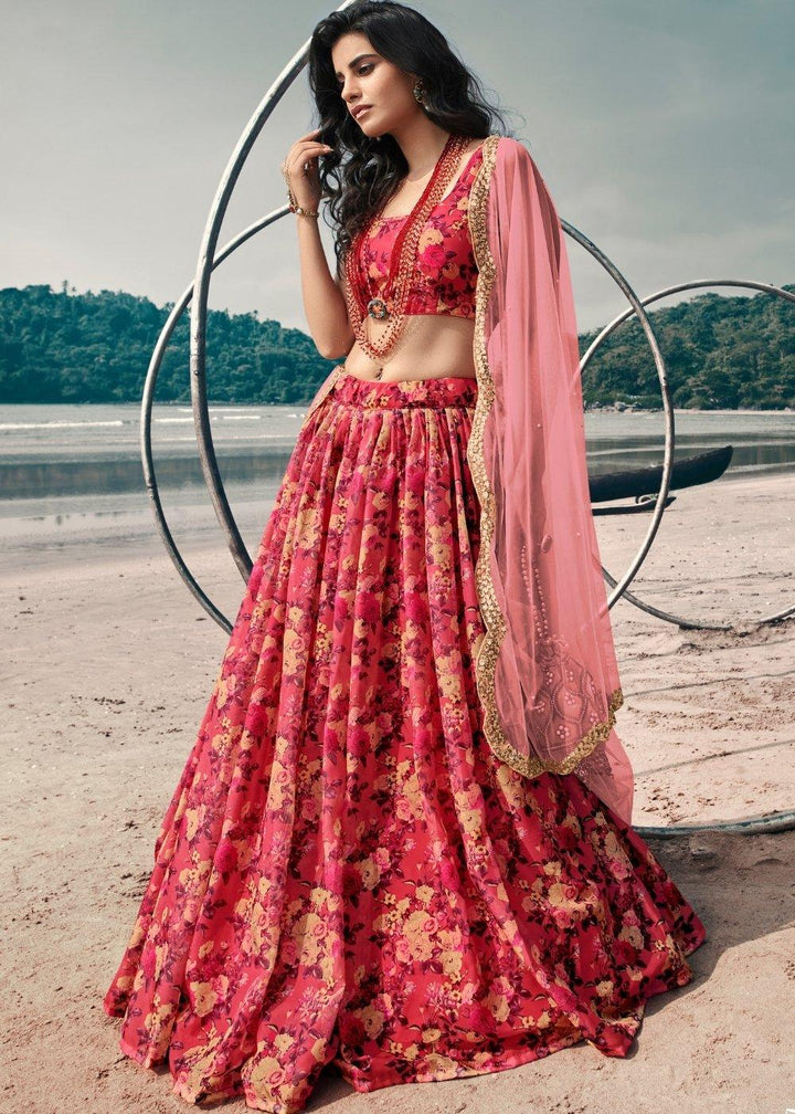 Punch Pink Designer Printed Organza Lehenga with Soft Net Dupatta - qivii