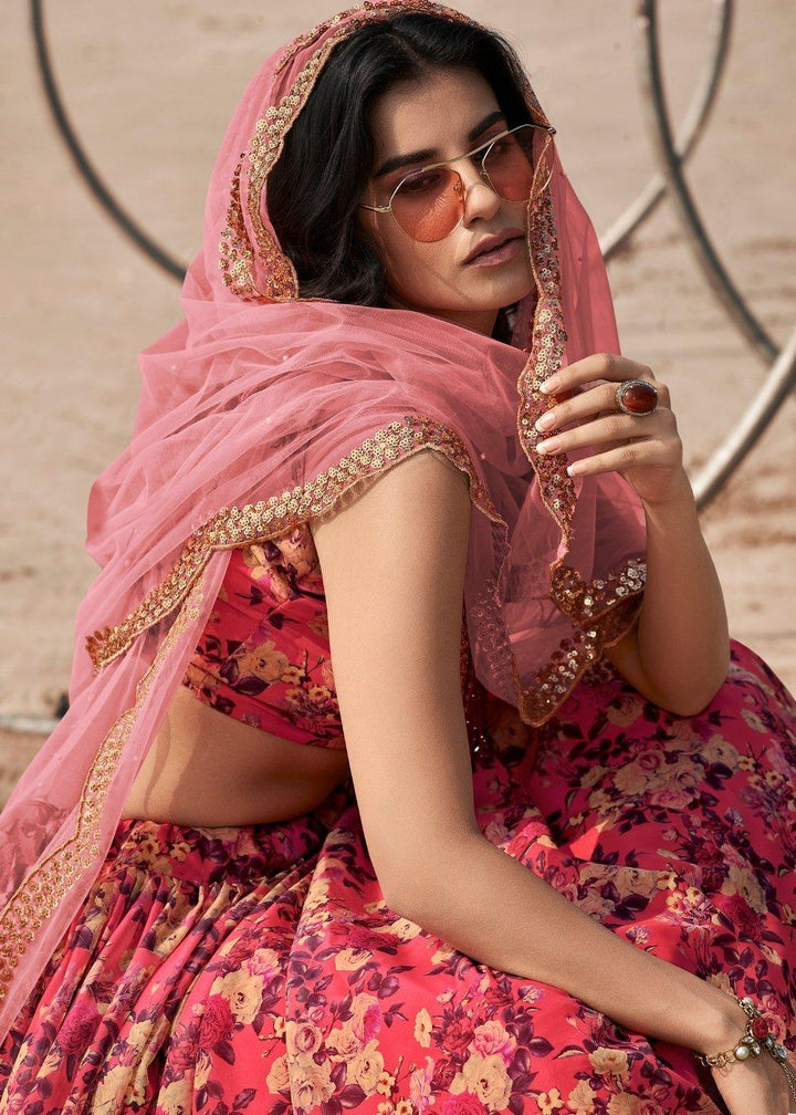 Punch Pink Designer Printed Organza Lehenga with Soft Net Dupatta - qivii