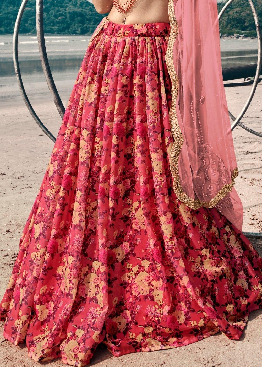 Punch Pink Designer Printed Organza Lehenga with Soft Net Dupatta - qivii