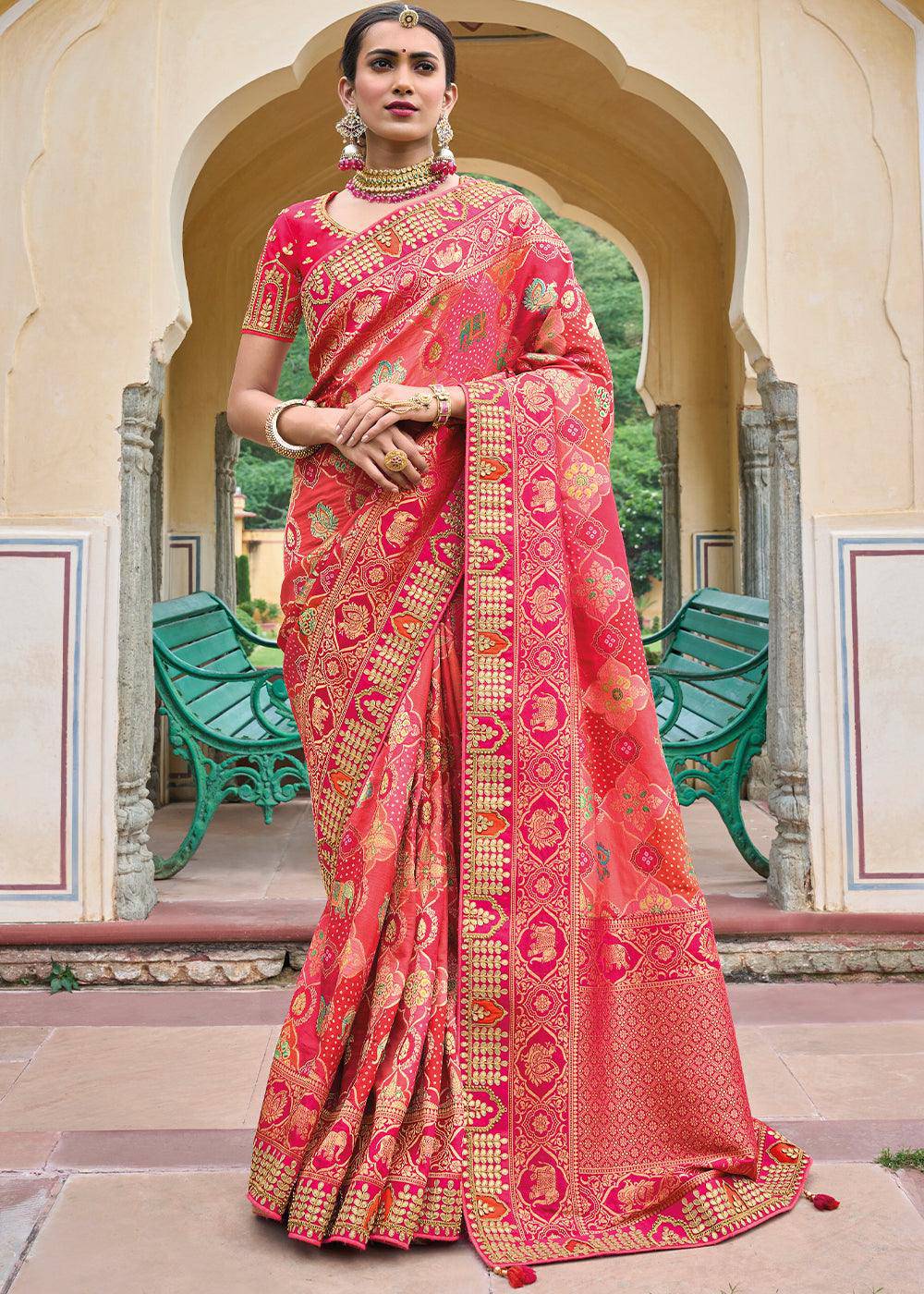 Punch Pink Dola Silk Saree with Beautiful Embroidery work: Wedding Edition | Stitched Blouse - qivii