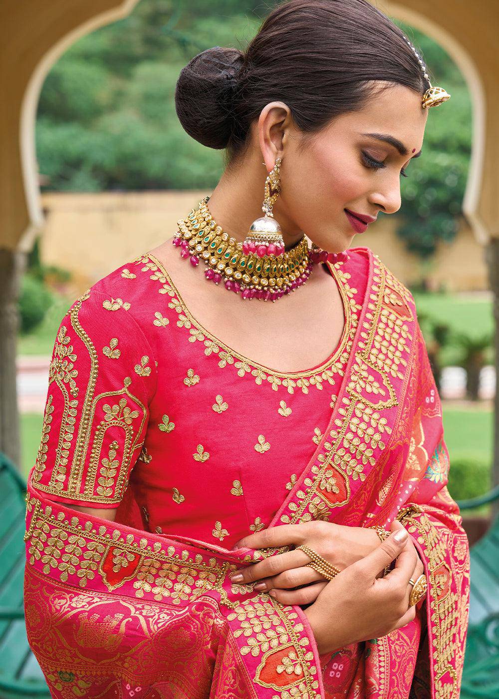 Punch Pink Dola Silk Saree with Beautiful Embroidery work: Wedding Edition | Stitched Blouse - qivii