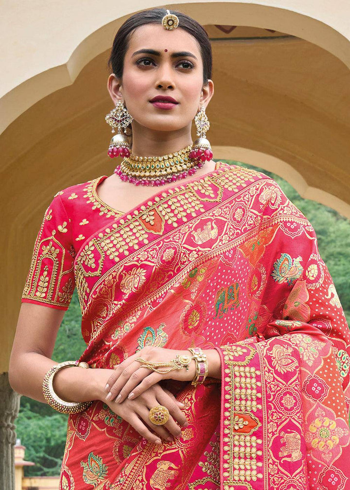 Punch Pink Dola Silk Saree with Beautiful Embroidery work: Wedding Edition | Stitched Blouse - qivii