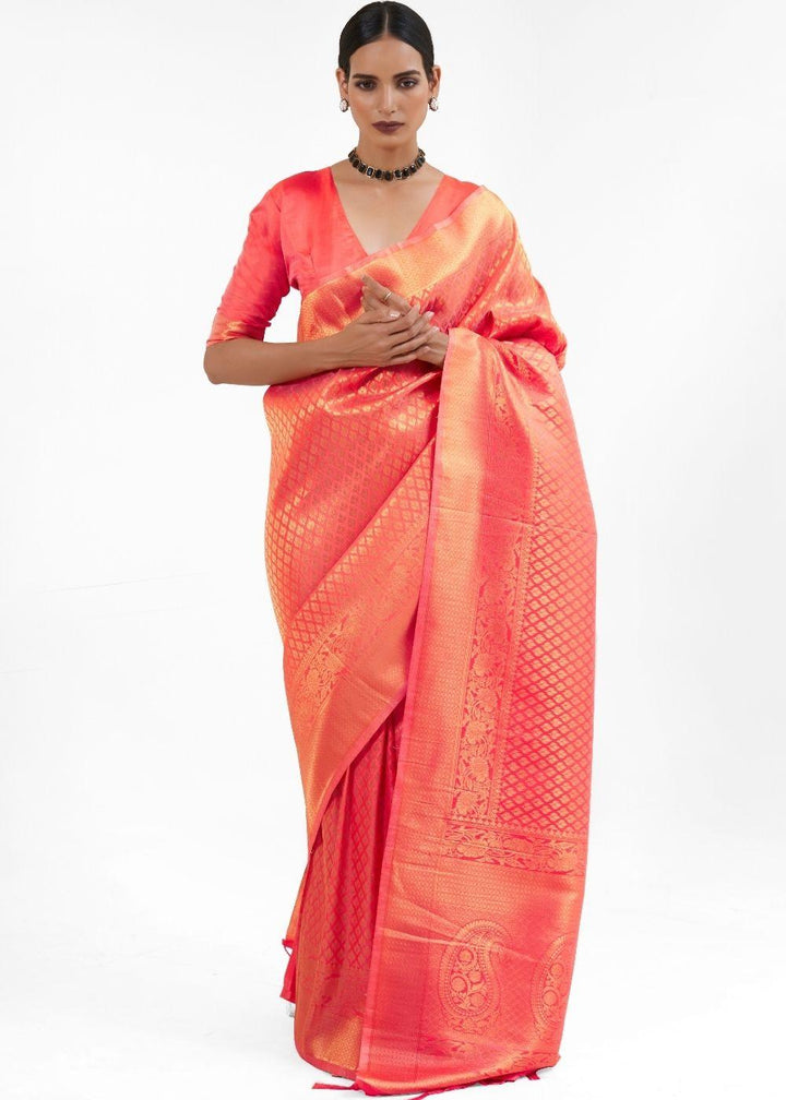 Punch Pink Kanjivaram Soft Woven Silk Saree | Stitched Blouse - qivii